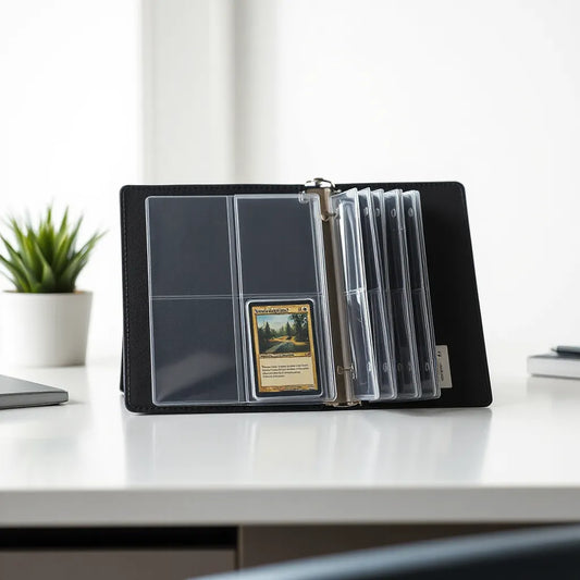 Carpeta con nueve bolsillos transparentes sobre un escritorio, con cartas visibles dentro de cada compartimento.