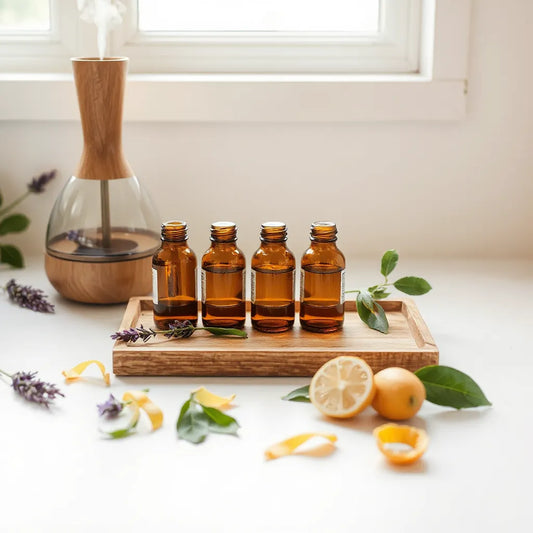 Frascos de aceites esenciales y difusor con hierbas aromáticas sobre una bandeja de madera