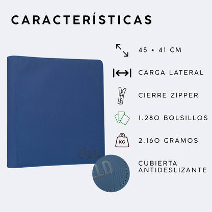 Características de carpeta Deck Shield para cartas TCG, describe 45 x 41 centímetros, carga lateral, cierre zipper, 1280 cartas, 2160 gramos, cubierta antideslizante
