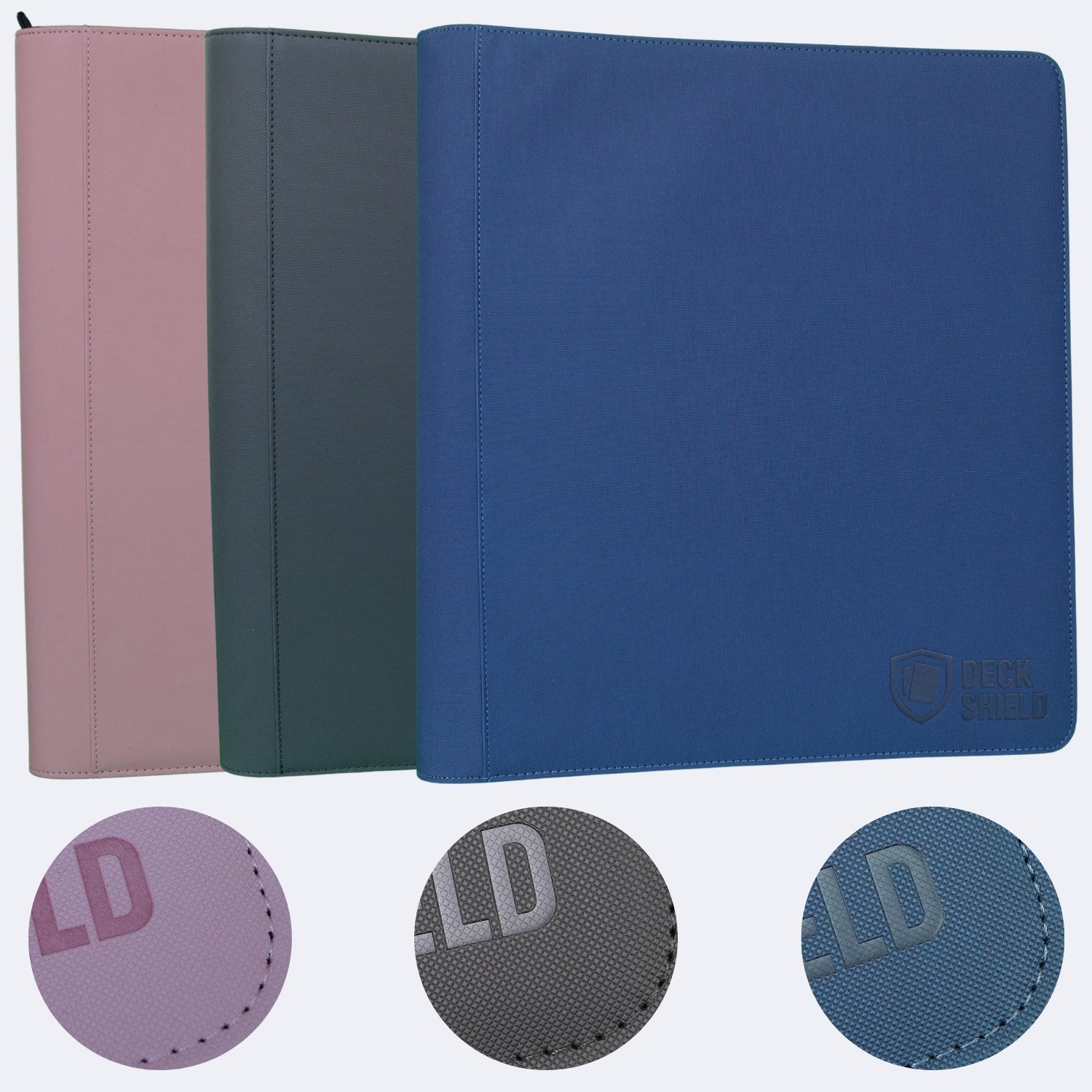 Detalle del material antideslizante y cierre de carpeta Deck Shield para cartas TCG