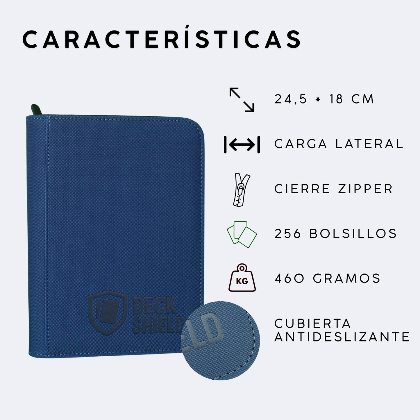 Características de carpeta Deck Shield para cartas TCG, describe 24,5 x 18 centímetros, carga lateral, cierre zipper, 256 cartas, 460 gramos, cubierta antideslizante