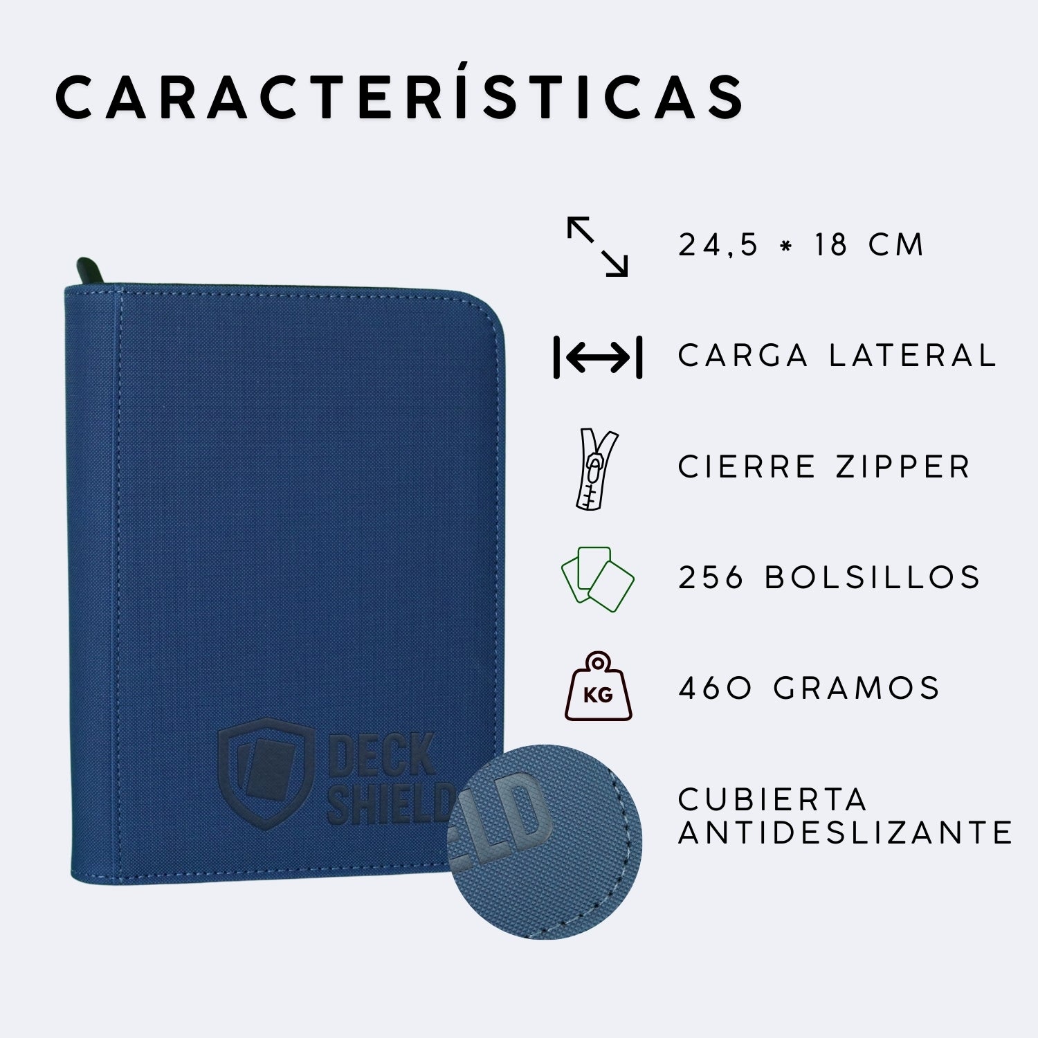 Características de carpeta Deck Shield para cartas TCG, describe 24,5 x 18 centímetros, carga lateral, cierre zipper, 256 cartas, 460 gramos, cubierta antideslizante