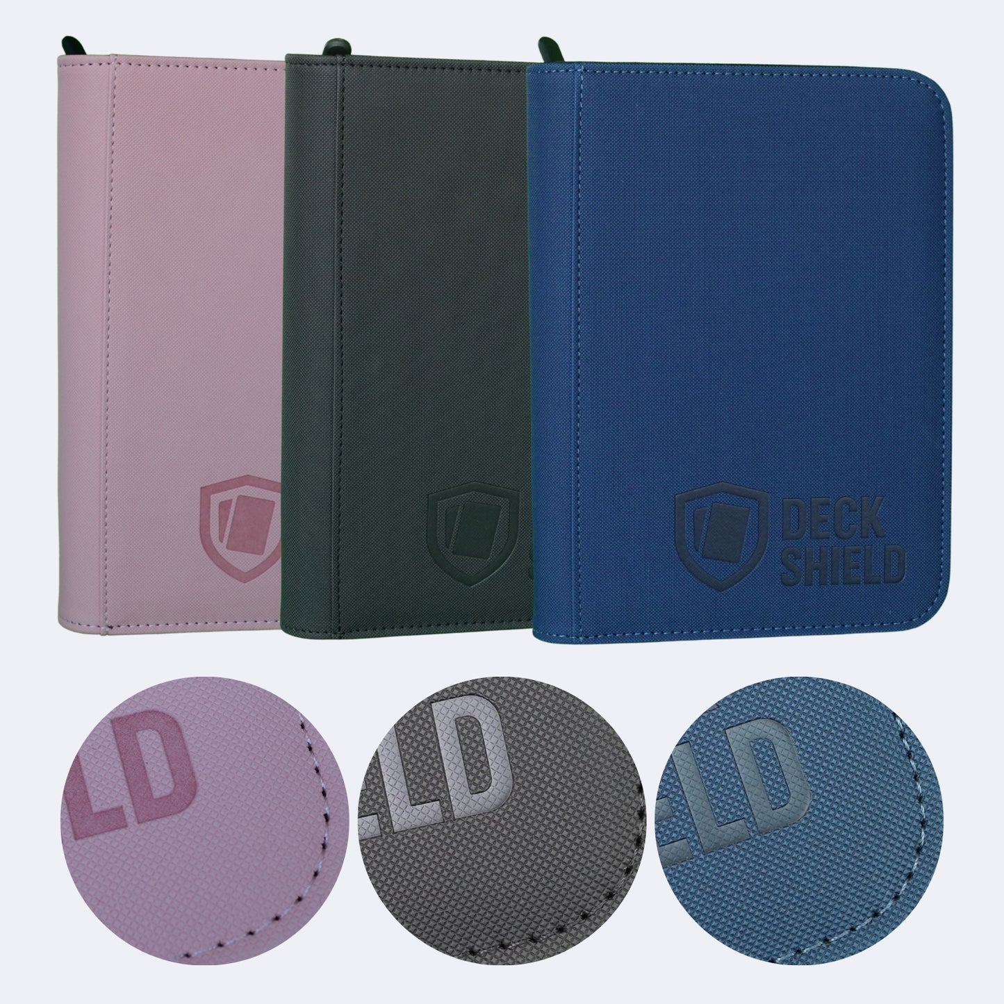 Detalle del material antideslizante y cierre de carpeta Deck Shield para cartas TCG
