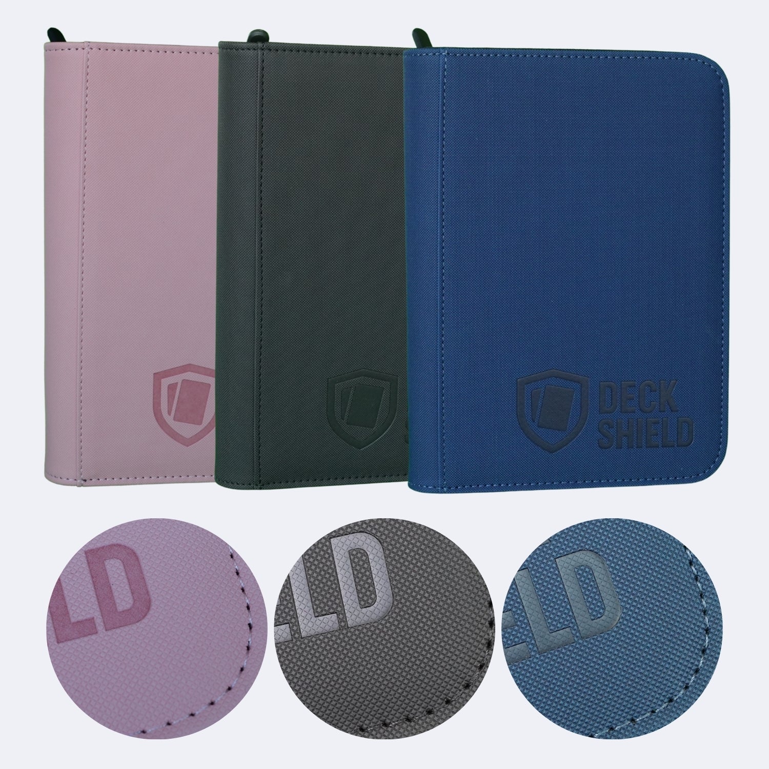 Detalle del material antideslizante y cierre de carpeta Deck Shield para cartas TCG
