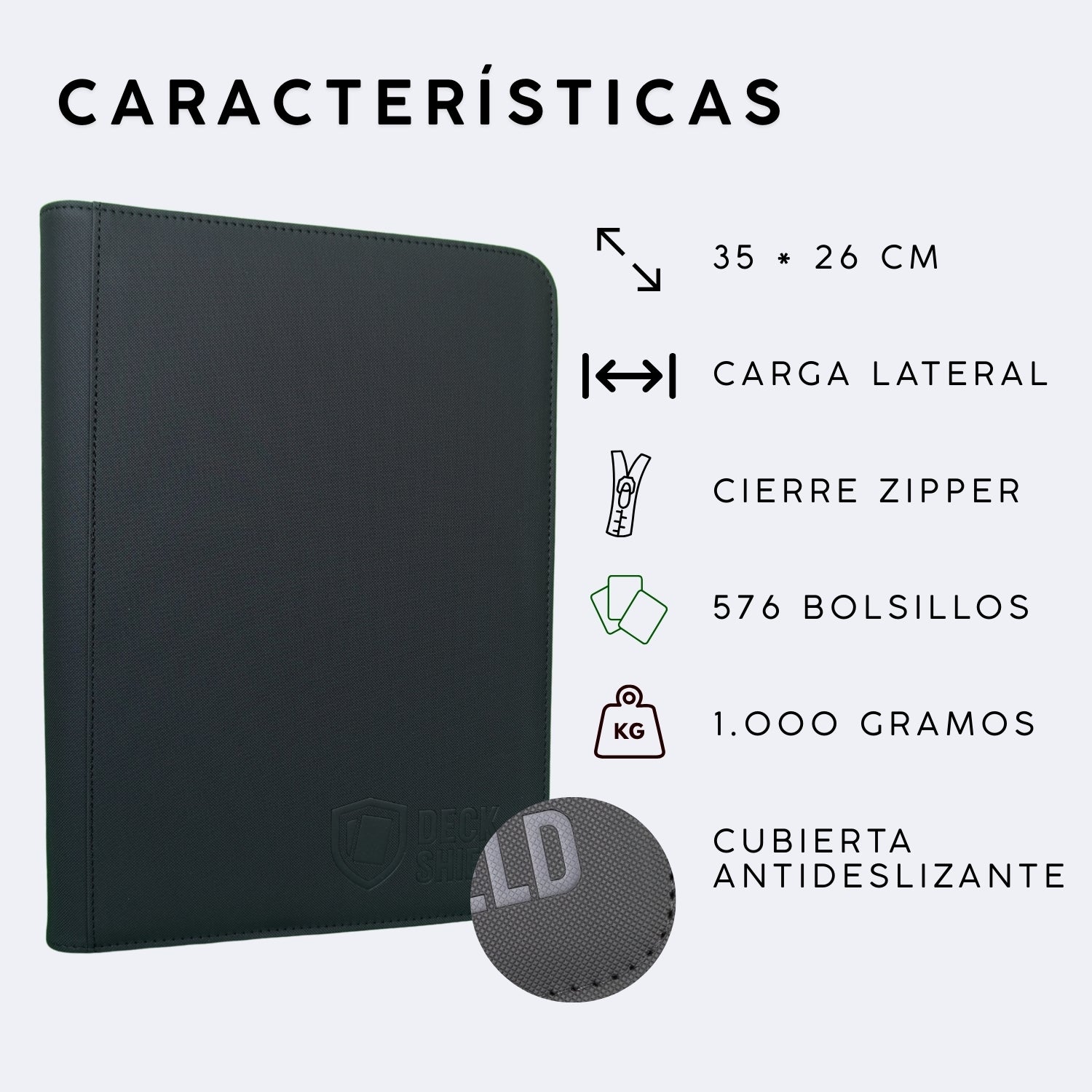 Características de carpeta Deck Shield para cartas TCG, describe 35 x 26 centímetros, carga lateral, cierre zipper, 576 cartas, 1000 gramos, cubierta antideslizante