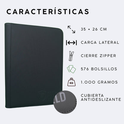 Características de carpeta Deck Shield para cartas TCG, describe 35 x 26 centímetros, carga lateral, cierre zipper, 576 cartas, 1000 gramos, cubierta antideslizante