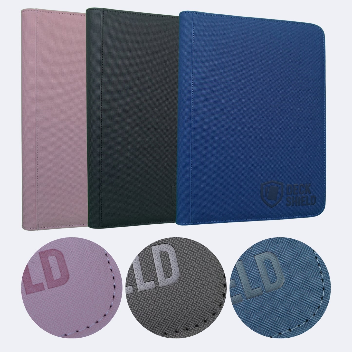 Detalle del material antideslizante y cierre de carpeta Deck Shield para cartas TCG