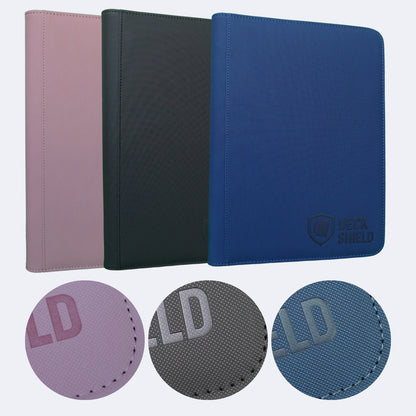 Detalle del material antideslizante y cierre de carpeta Deck Shield para cartas TCG