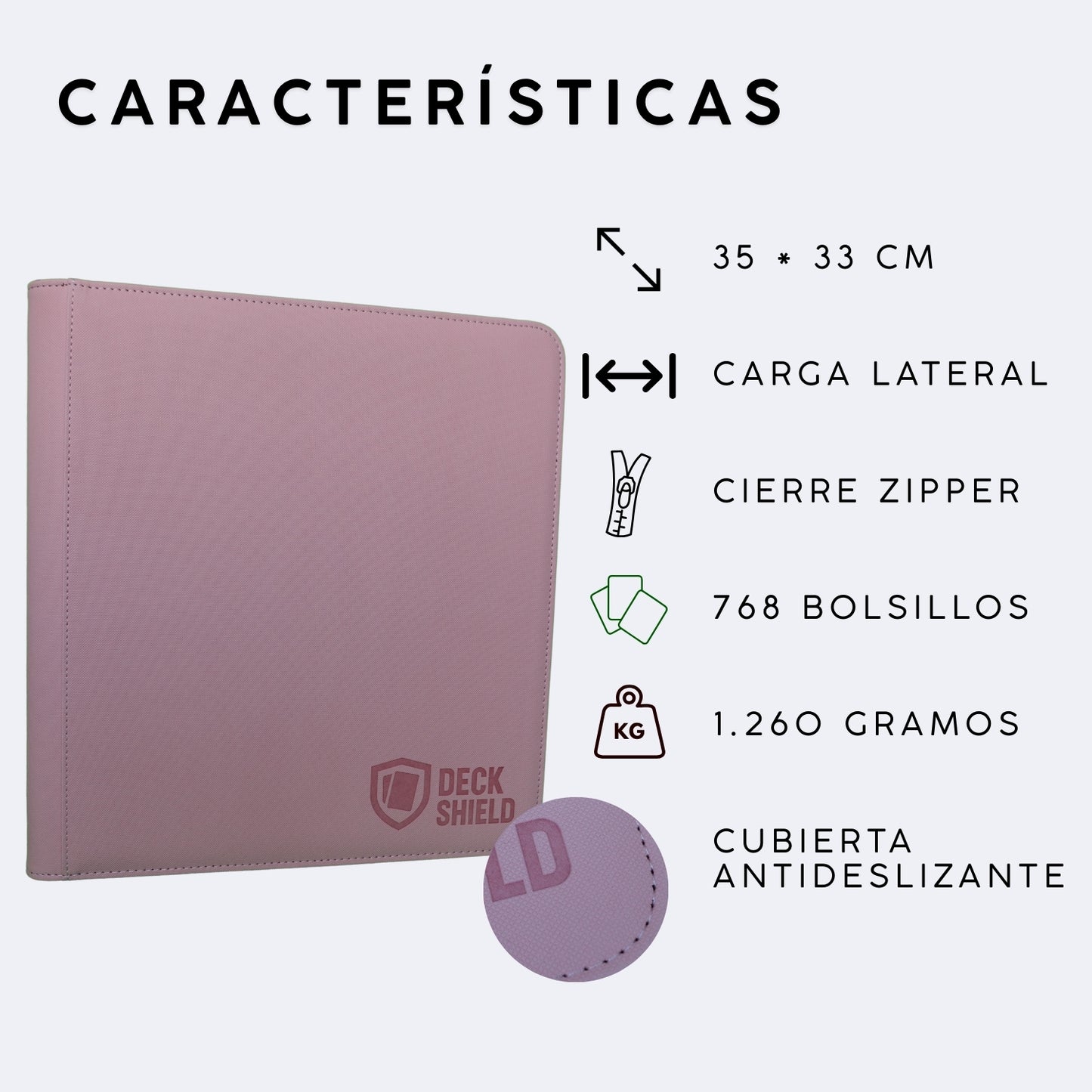 Características de carpeta Deck Shield para cartas TCG, describe 35 x 33 centímetros, carga lateral, cierre zipper, 768 cartas, 1260 gramos, cubierta antideslizante
