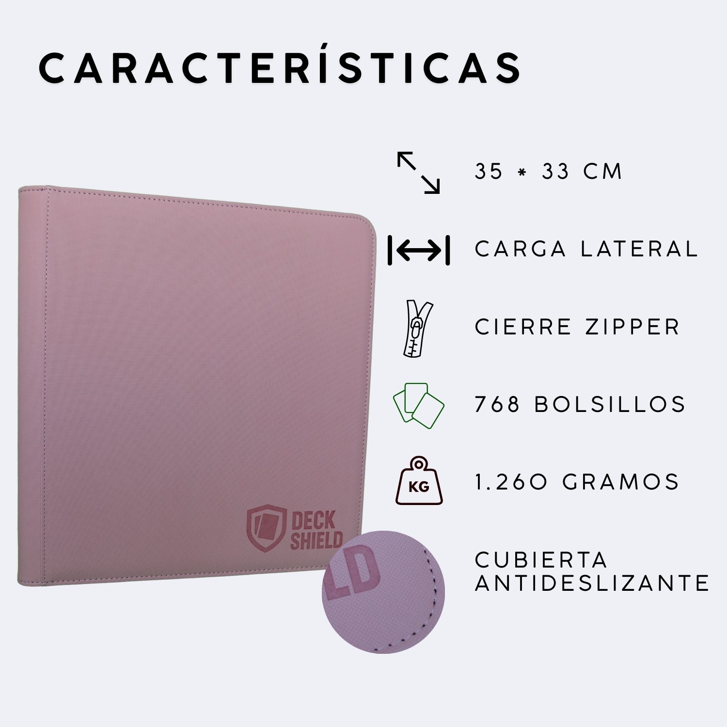 Características de carpeta Deck Shield para cartas TCG, describe 35 x 33 centímetros, carga lateral, cierre zipper, 768 cartas, 1260 gramos, cubierta antideslizante
