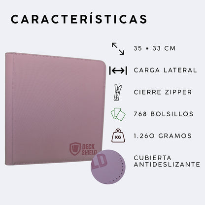 Características de carpeta Deck Shield para cartas TCG, describe 35 x 33 centímetros, carga lateral, cierre zipper, 768 cartas, 1260 gramos, cubierta antideslizante
